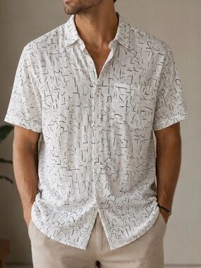 Onia White Short-Sleeve Button-Down Shirt with Black Abstract Lines cotton/linen